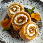 STYLE: Close-up Shot Top view | EMOTION: Tempting I SCENE: Libby’s Pumpkin Roll | TAGS: High-end food photography, clean composition, dramatic lighting, luxurious, elegant, mouth-watering, indulgent, gourmet | CAMERA: Nikon Z7 | FOCAL LENGTH: 90mm | SHOT TYPE: Close-up | COMPOSITION: Top view Centered | LIGHTING: Soft directional light | PRODUCTION: Food Stylist | TIME: Daytime I LOCATION TYPE: Kitchen near windows